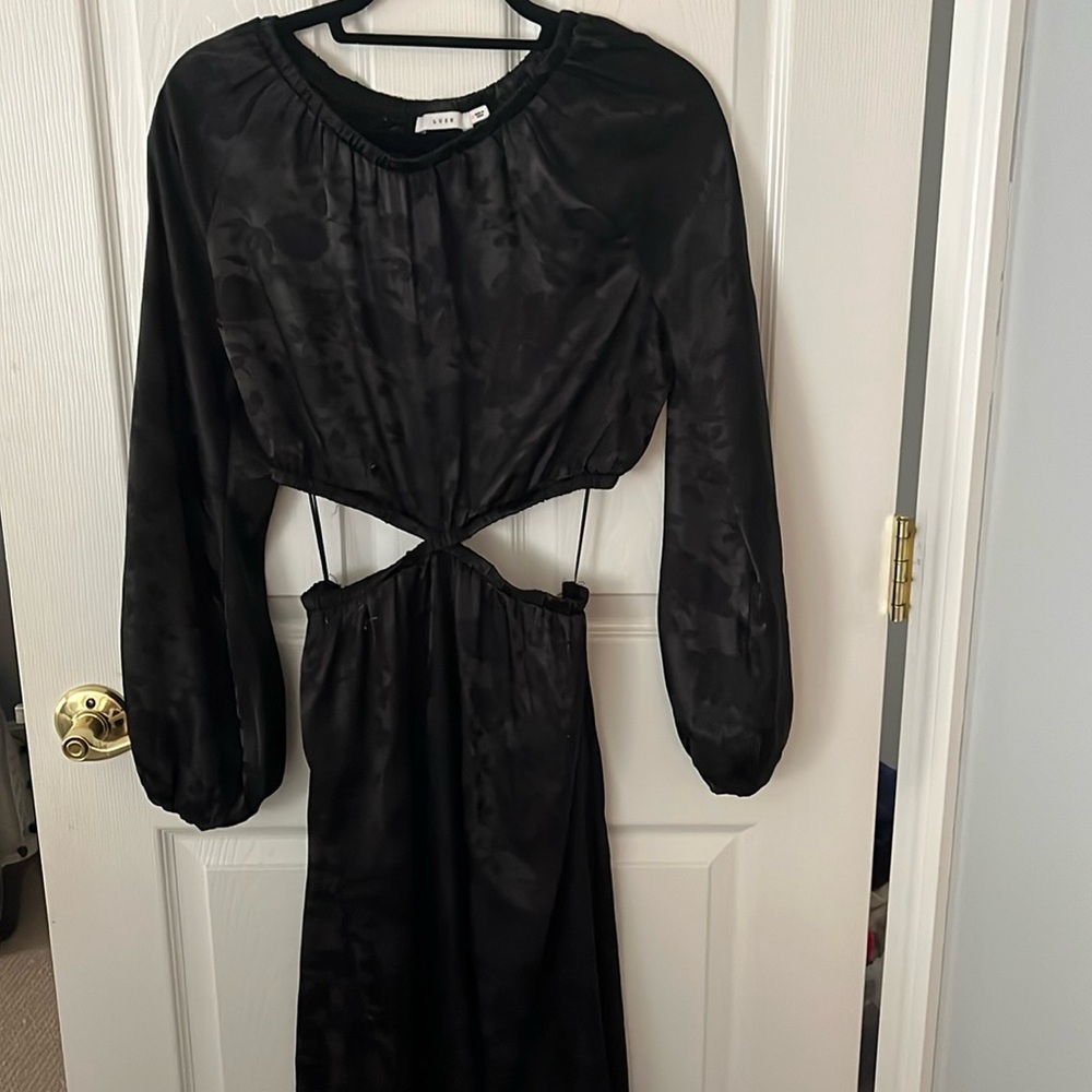Black floral satin long sleeve midi dress with cutouts